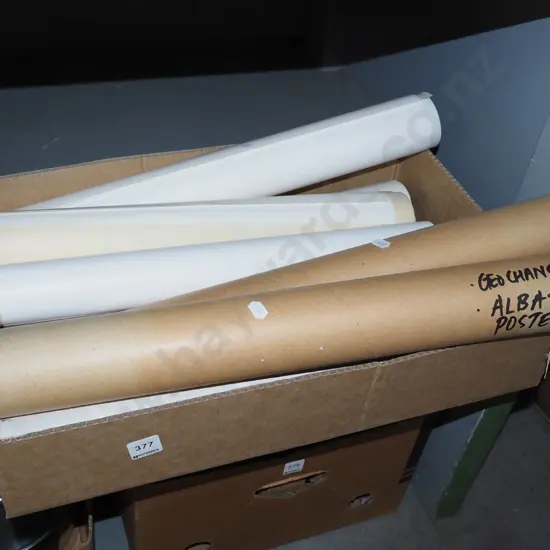 box of various rolled prints
