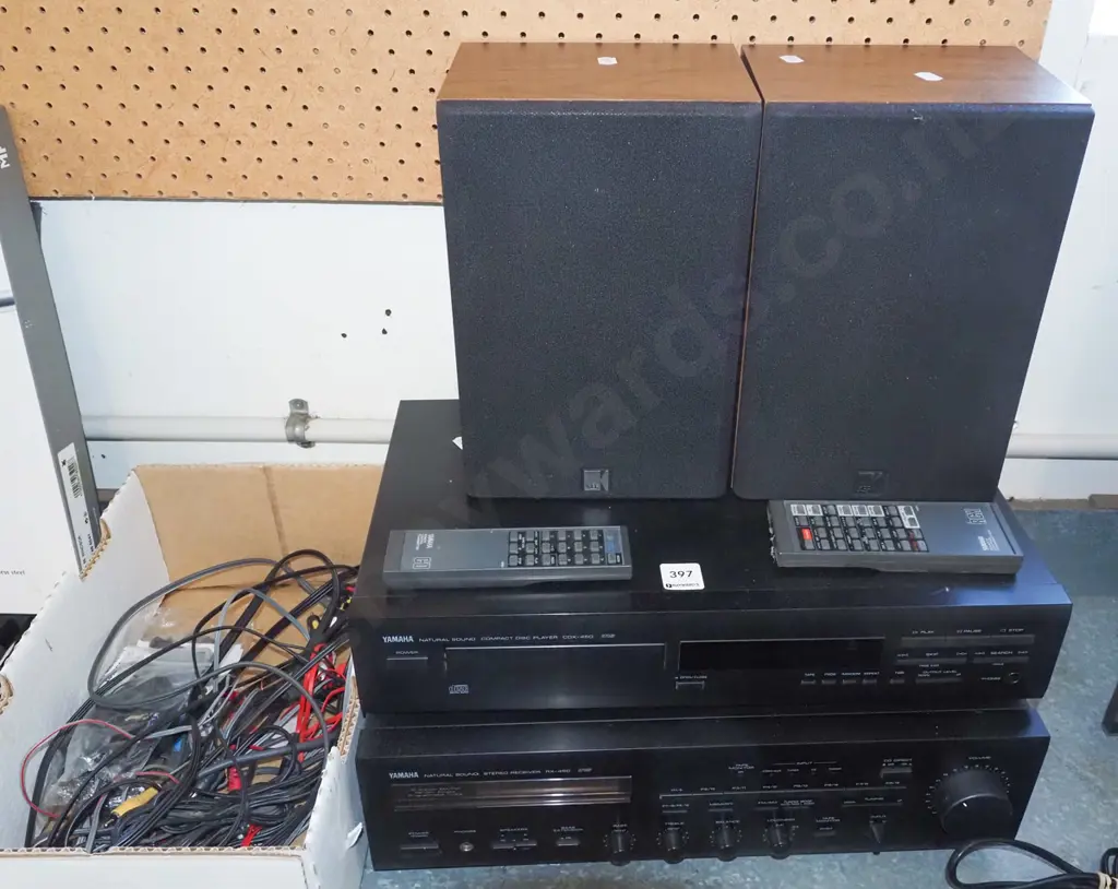 Yamaha stereo receiver, CD player and 2x KEF bookcase speakers, with remotes and box of cables Image 1++