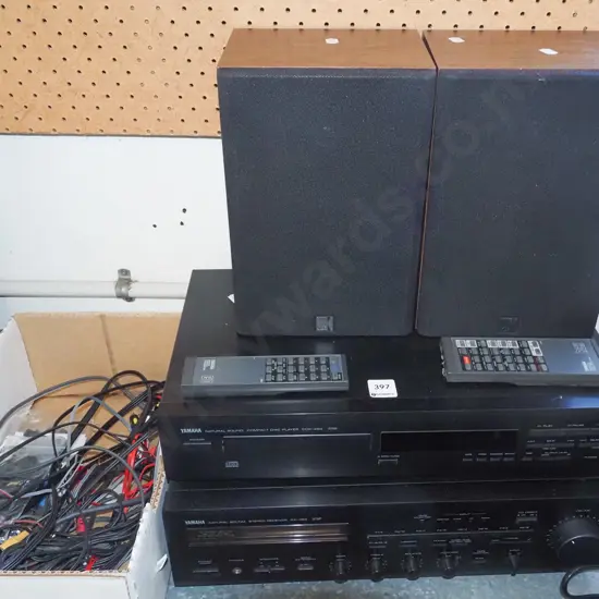 Yamaha stereo receiver, CD player and 2x KEF bookcase speakers, with remotes and box of cables