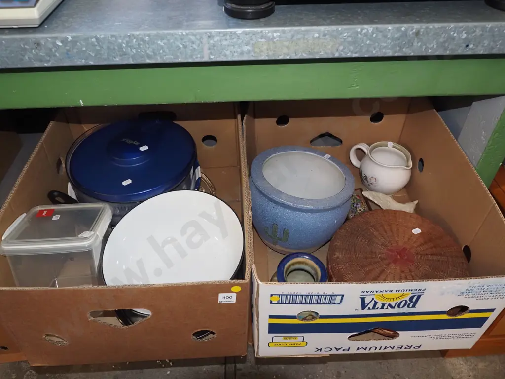2x boxes; salad spinning, frying pan, milk jug etc - yellow dots Image 1++