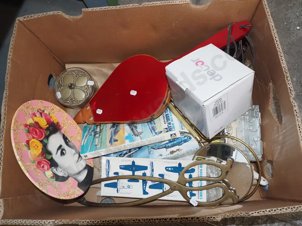 box; large brass tongs, bellows, light fitting etc Image 1++