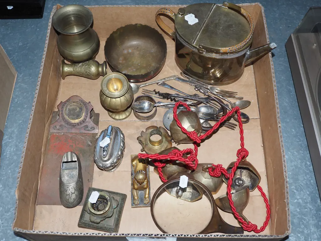 box; brass teapot, bowl, cutlery, corkscrew, bells etc Image 1++