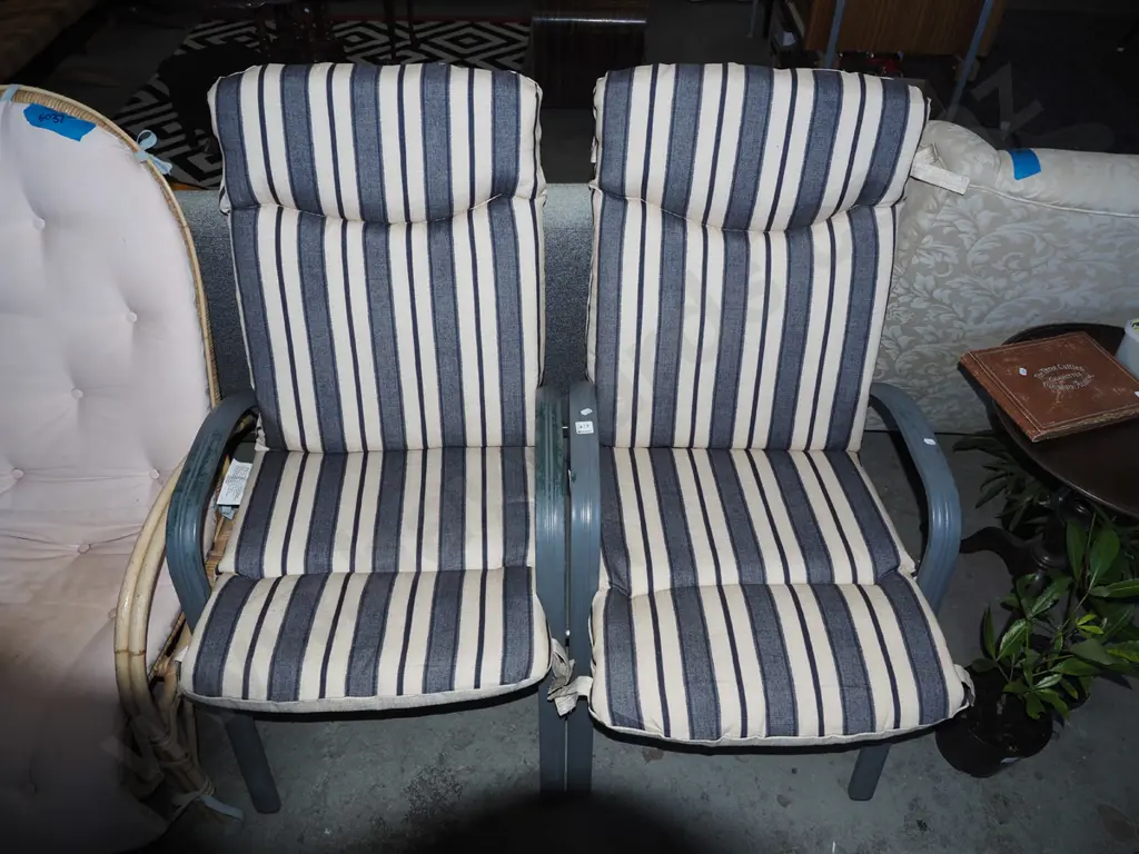 2x alloy outdoor chairs with grey and cream striped squabs Image 1++