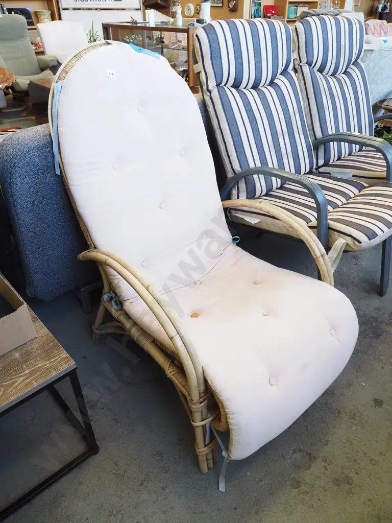 bamboo and cane patio chair with deep buttoned squab - has staining, needs attention Image 1++