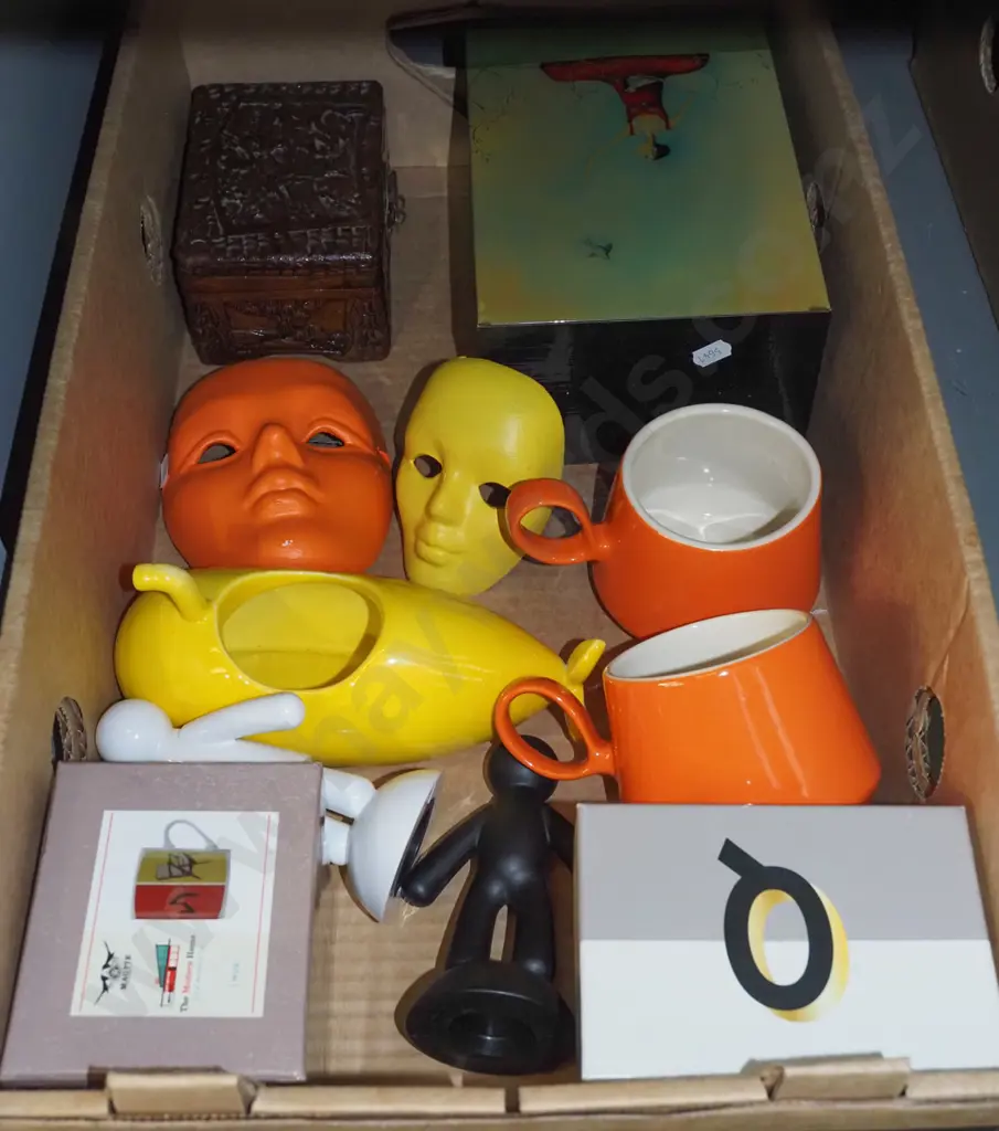 box; painted masks, coffee cups, small camphorwood chest etc Image 1++