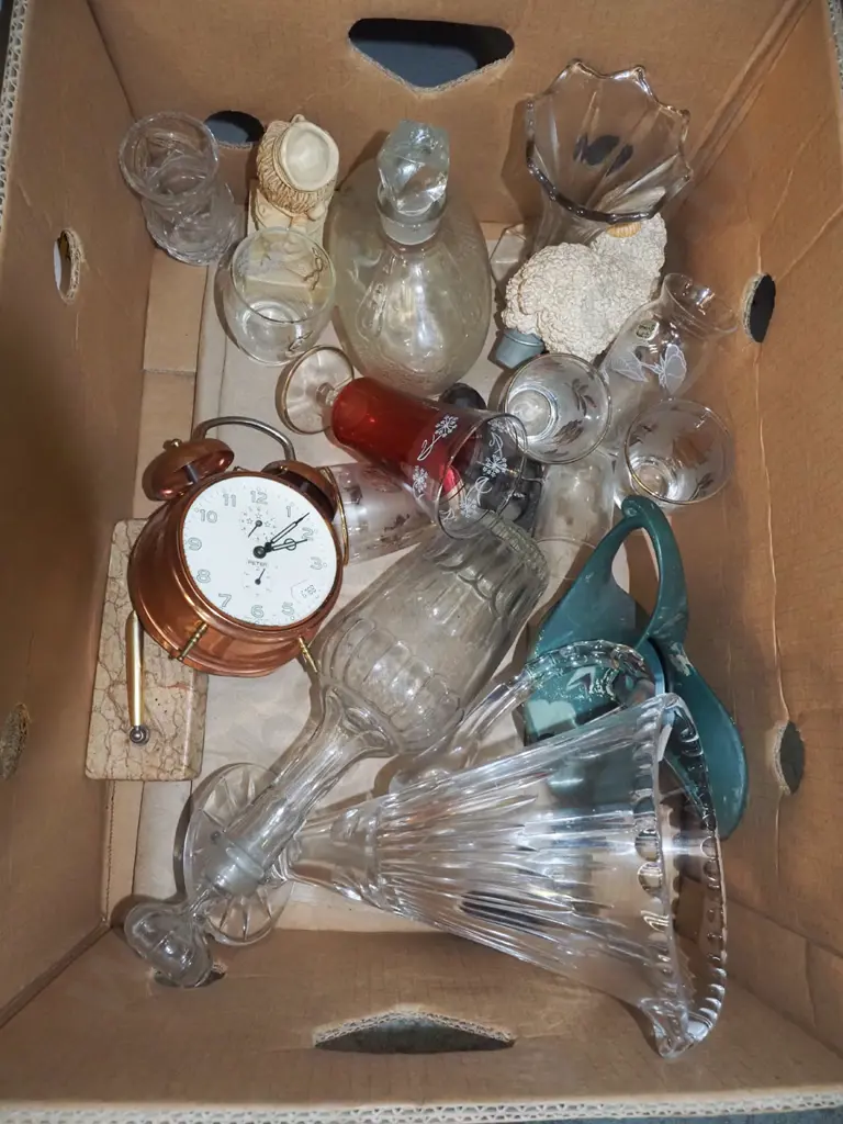 box; clockwork alarm clock, vases, tumblers etc Image 1++