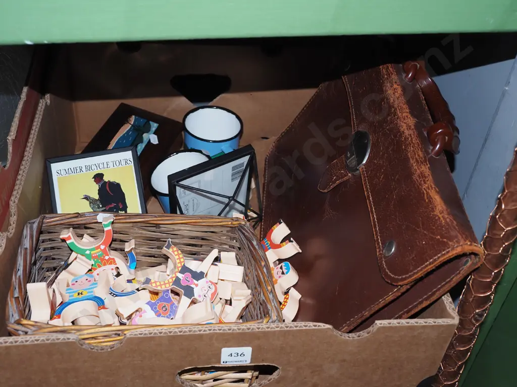 box; plastic figurines, enamel cups, leather satchel etc Image 1++