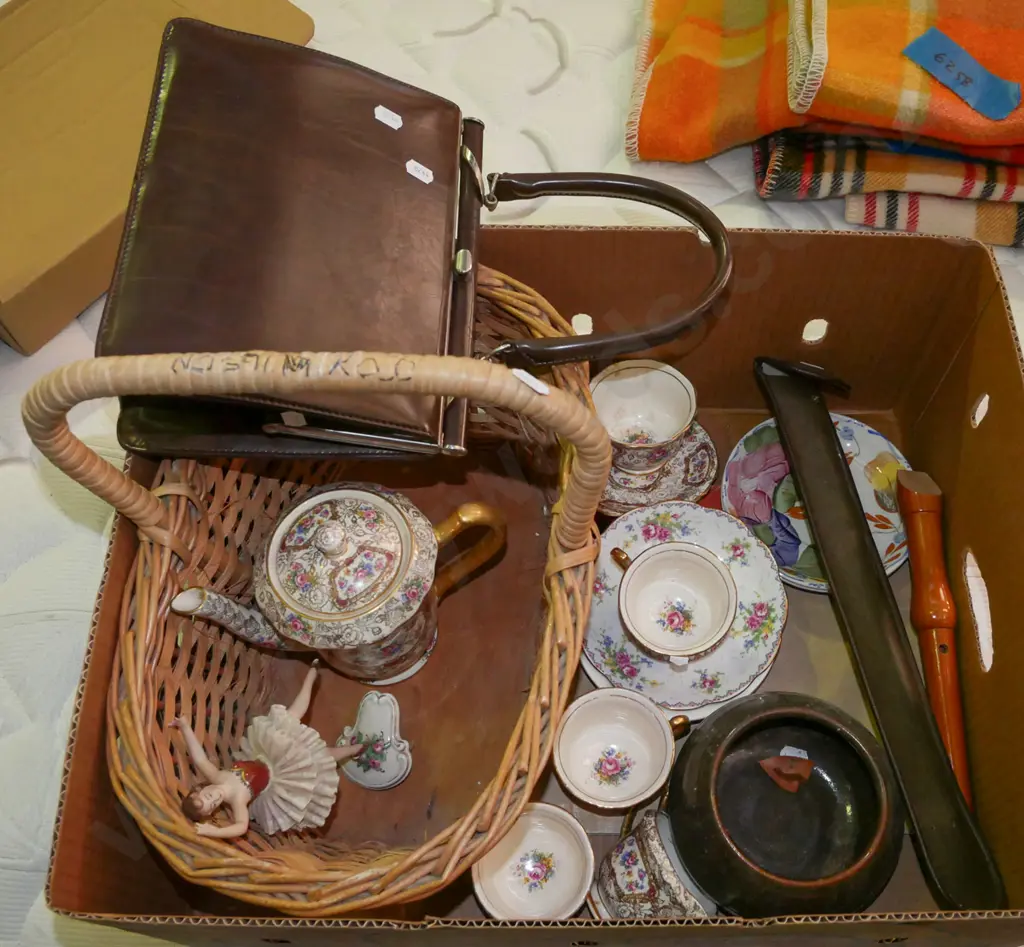 cane basket, handbag, teapot, cups etc Image 1++
