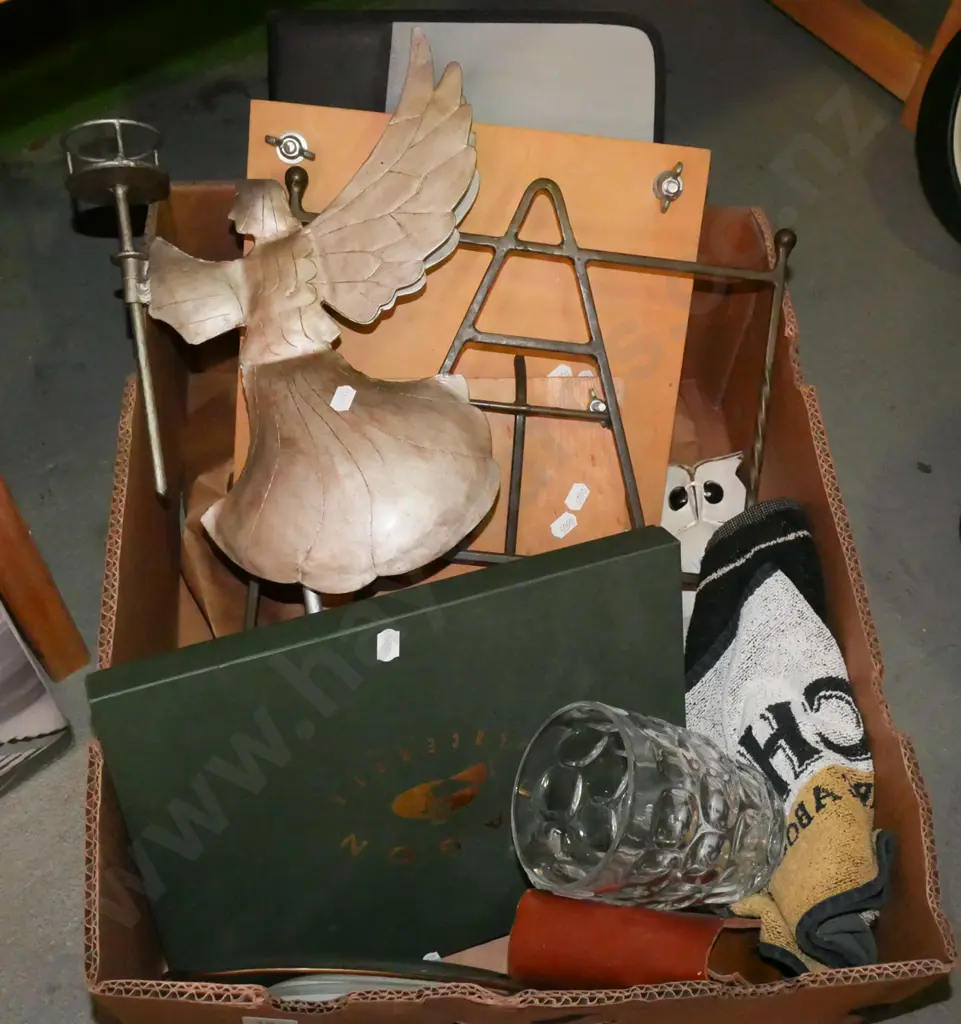 box; placemats, metal angel candlesticks, bar mats, beer mug etc Image 1++