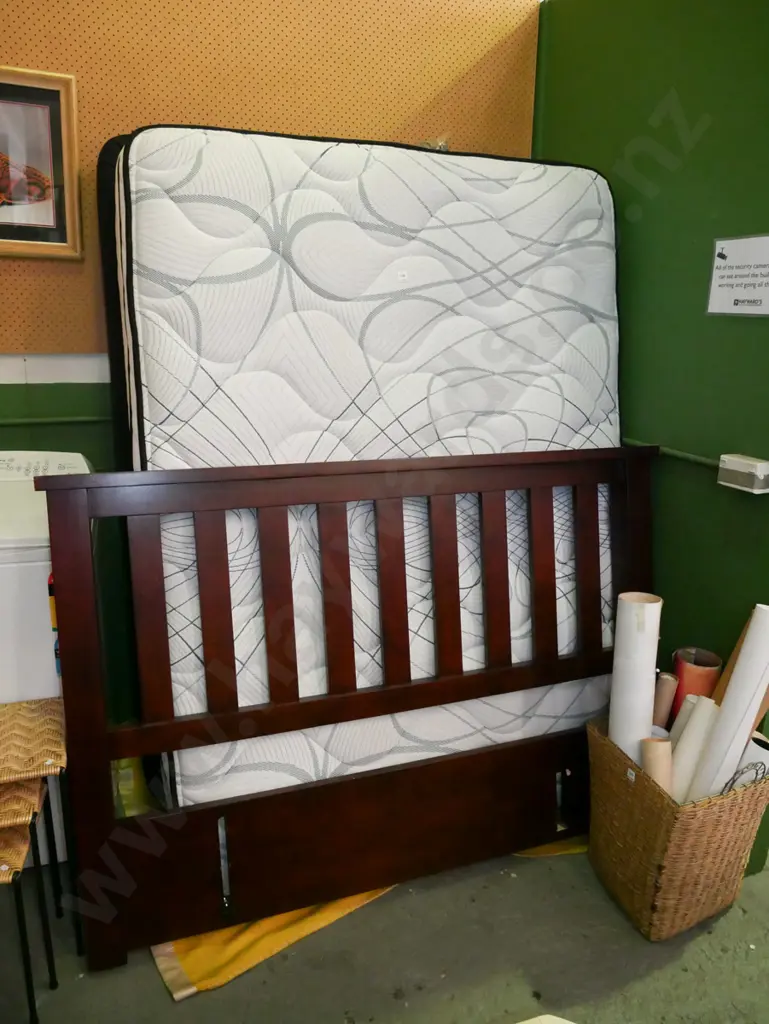 queen bed base mattress and wooden headboard Image 1++