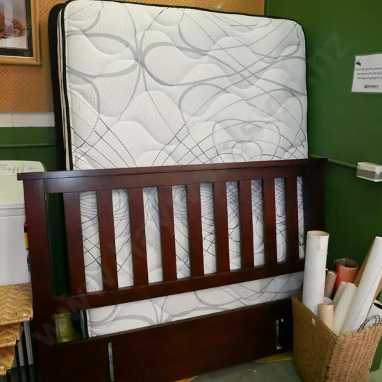 queen bed base mattress and wooden headboard