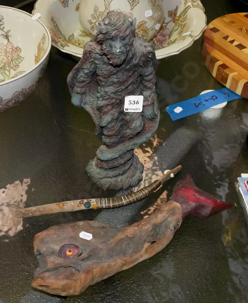 composite green man figurine, driftwood whale and stick Image 1++