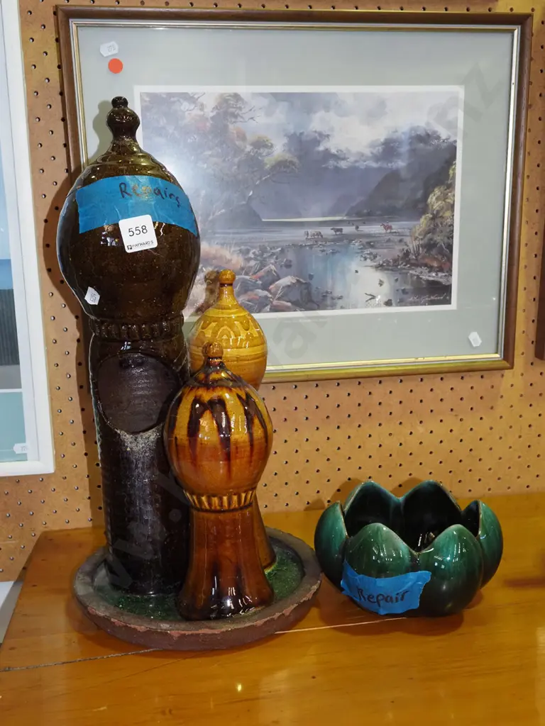 Blue Mountain lotus bowl, ceramic studio pottery - both have repairs H-430 Image 1++