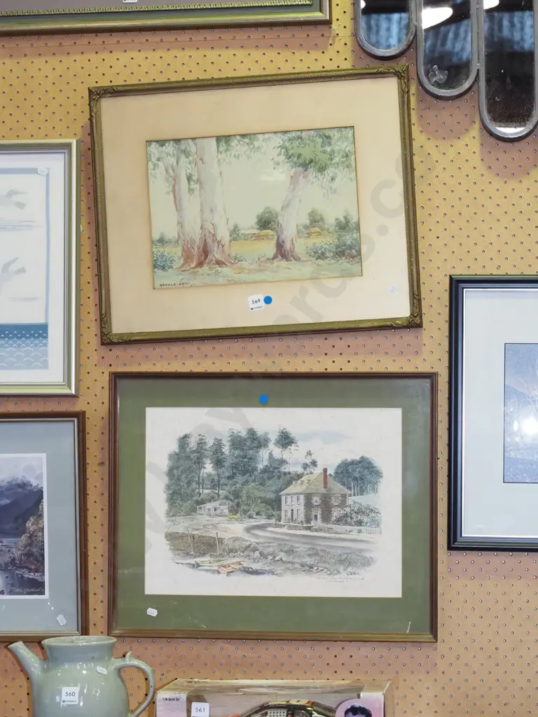 framed watercolour - eucalyptus trees, framed print - Stone Store Kerikeri (extensive foxing) - blue dots Image 1++