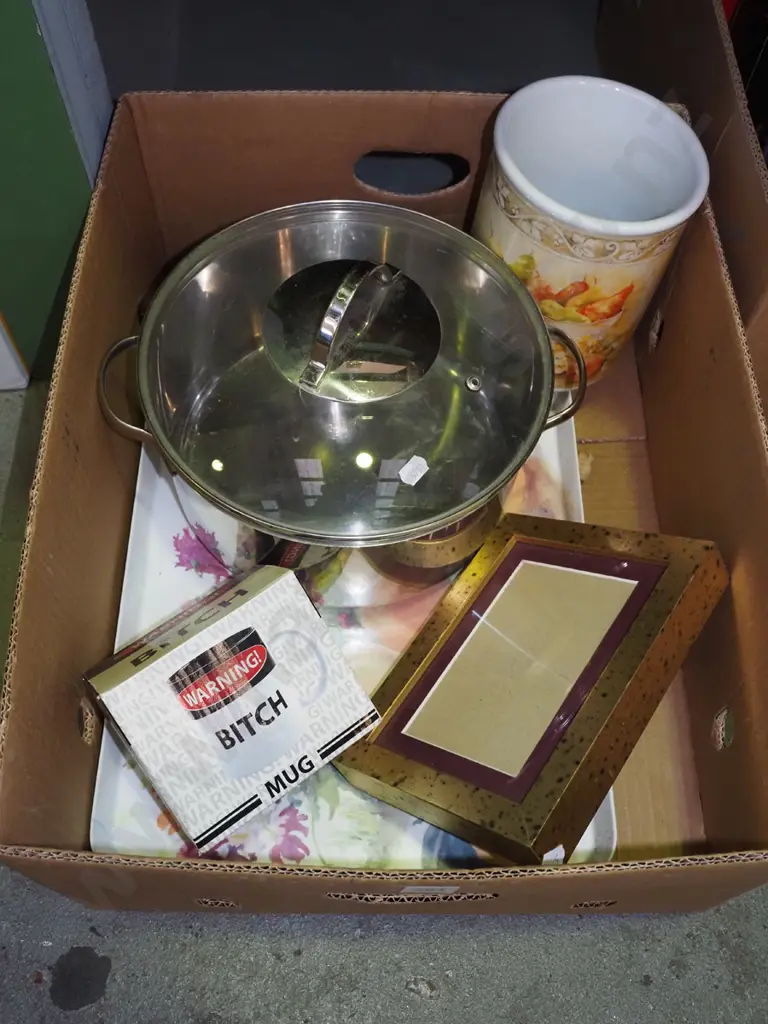 box; coffee mug, picture frame, tray, glass lidded pot Image 1++