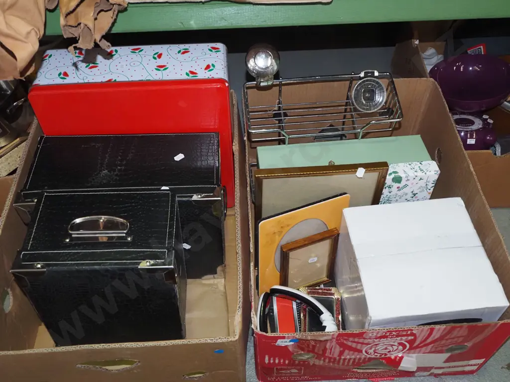 2x boxes; cake tin, 2 faux snakeskin storage boxes, photo frames, bathroom shower  rack etc - blue dots Image 1++