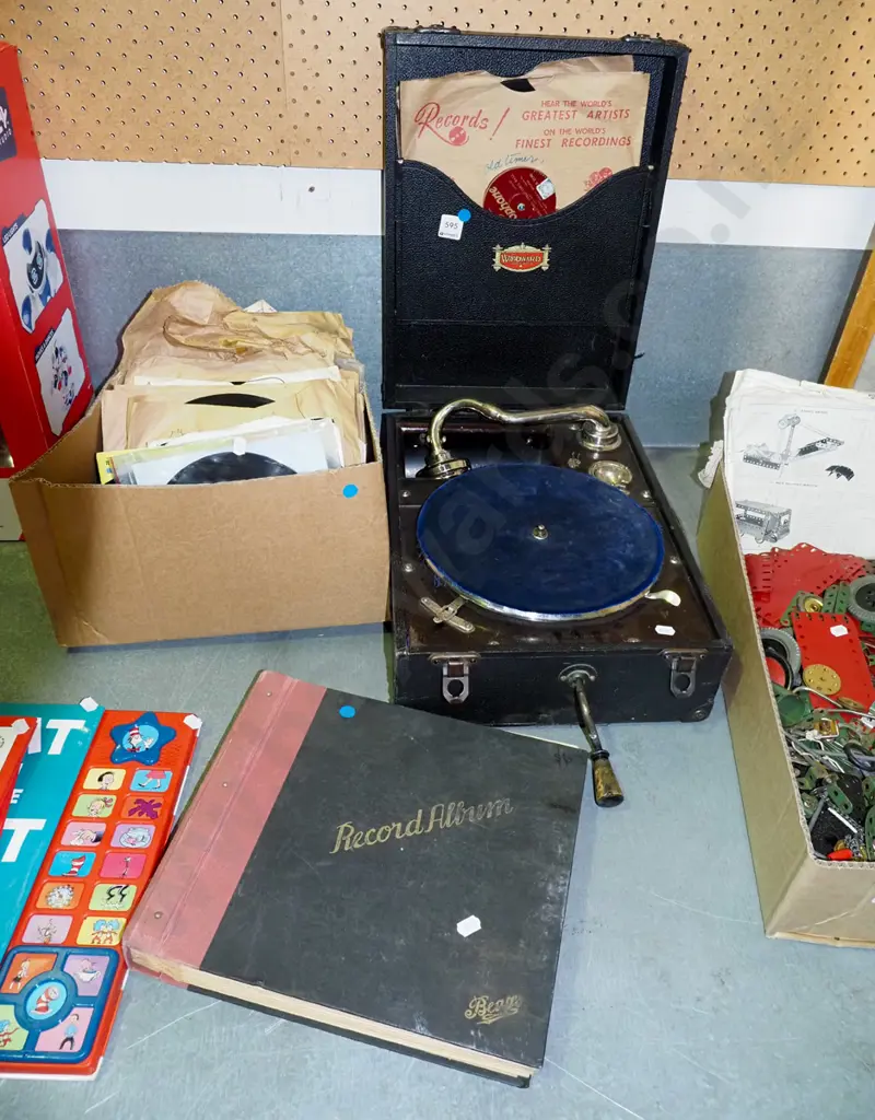 table top gramophone with box of 78s and album of 78s - blue dots Image 1++