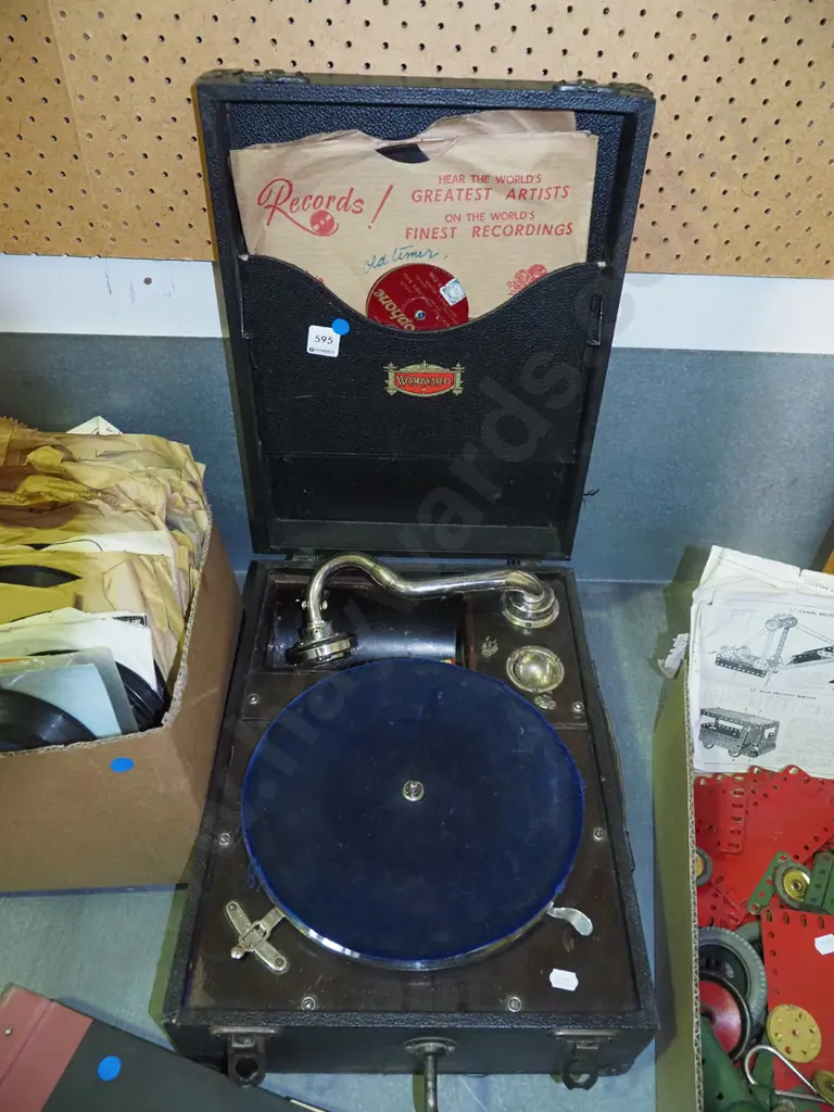 table top gramophone with box of 78s and album of 78s - blue dots Image 1++