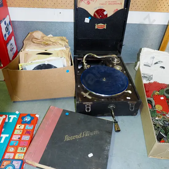 table top gramophone with box of 78s and album of 78s - blue dots