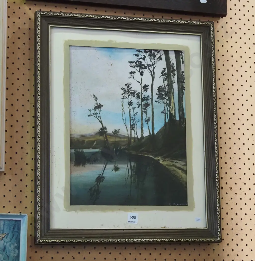 framed oil - trees by pond - stains, no glass Image 1++