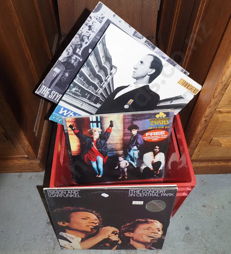 plastic tub of LPs; Simon & Garfunkel, Thompson Twins etc Image 1++