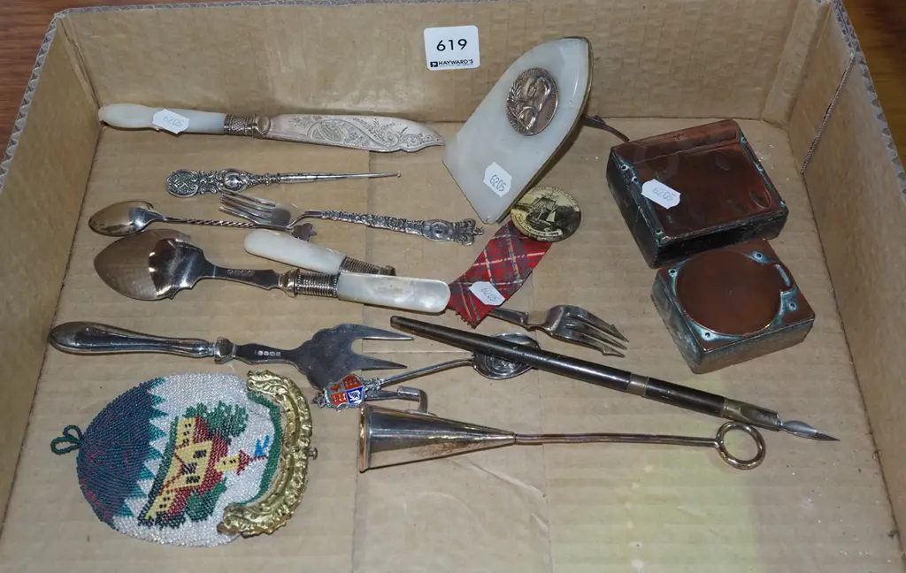 box; cutlery, etched copper and wood stands etc Image 1++