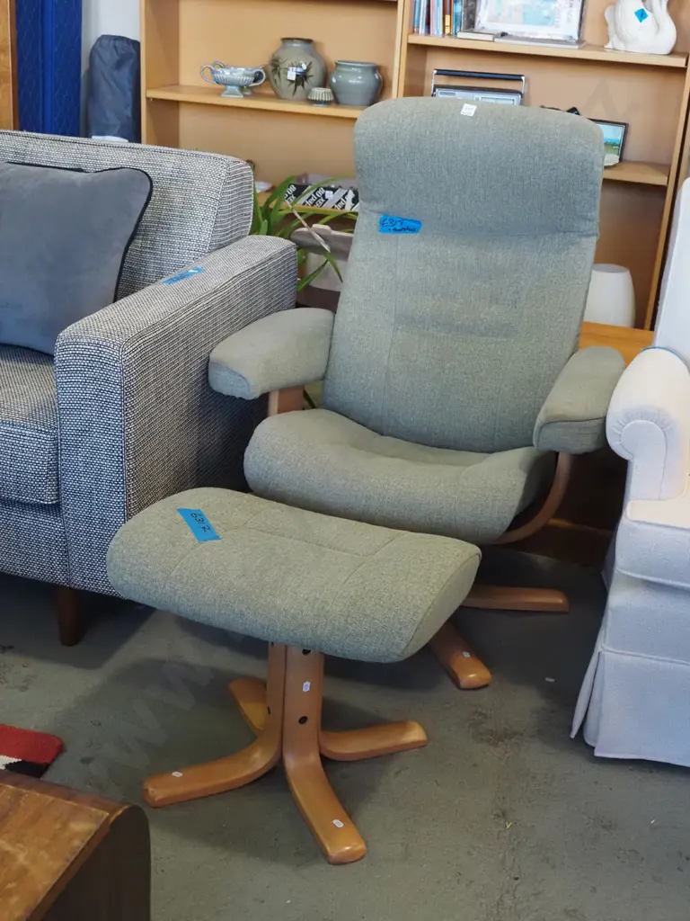 green Danish upholstered swivel reclining chair with footstool - some staining to fabric Image 1++