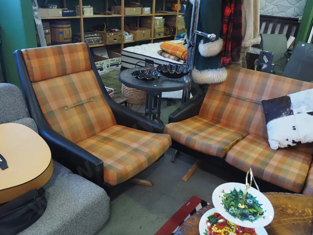 very retro black vinyl and checked fabric lounge suite - vinyl in good condition Image 1++