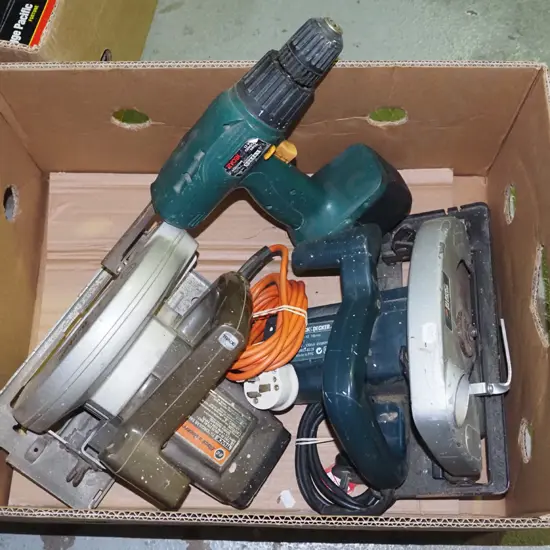 box; 2x circular saws, battery drill - no charger