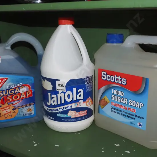 2x bottles of sugar soap, bottle of bleach