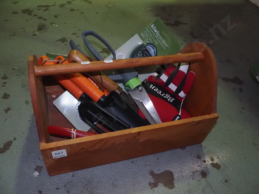 wooden basket with garden tools, gloves Image 1++