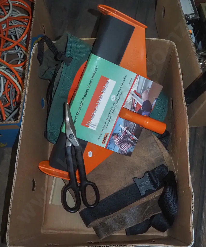 box; chainsaw chaps, ladder gutter guard, tin snips etc Image 1++