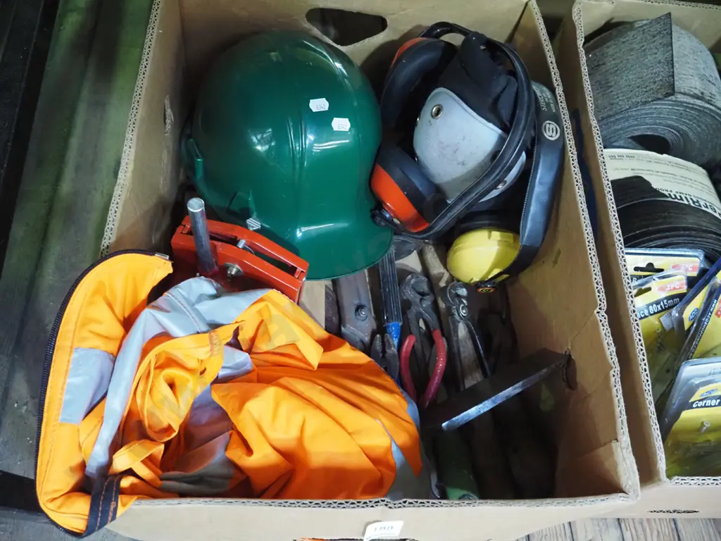 box; hard hat, mitre saw stand, large chisel, pliers etc Image 1++