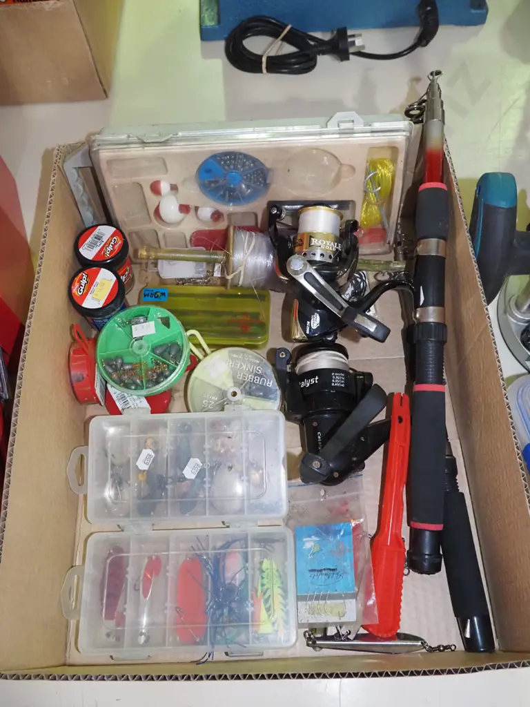 box; telescopic fishing lines, reels, lures, sinkers etc Image 1++