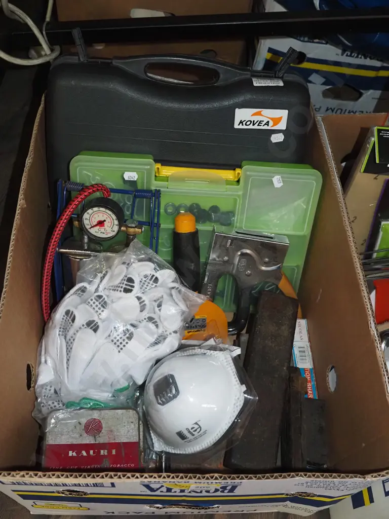 box; foot pump, dust mask, gardeners gloves, portable gas stov eet Image 1++
