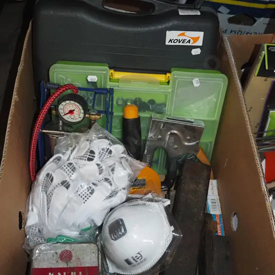 box; foot pump, dust mask, gardeners gloves, portable gas stov eet