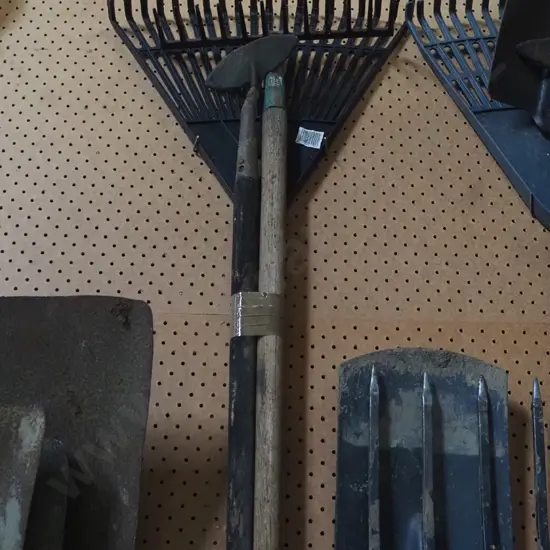 plastic leaf rake, metal square head rake