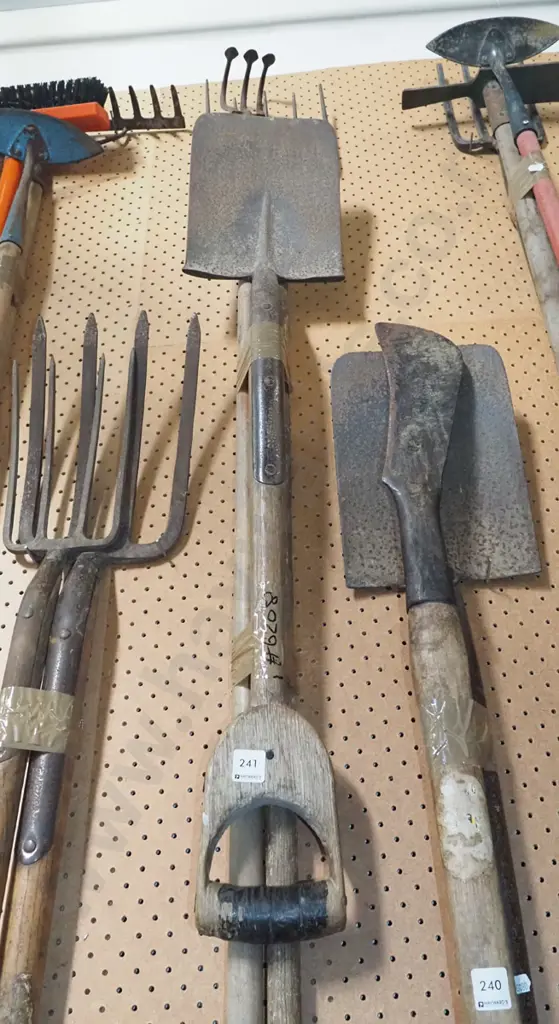 pitch fork, cultivator, wooden handled spade Image 1++