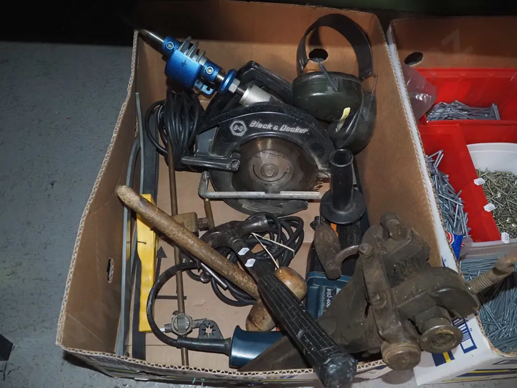 box; electric drill, hammer, circular saw, ear muffs etc Image 1++