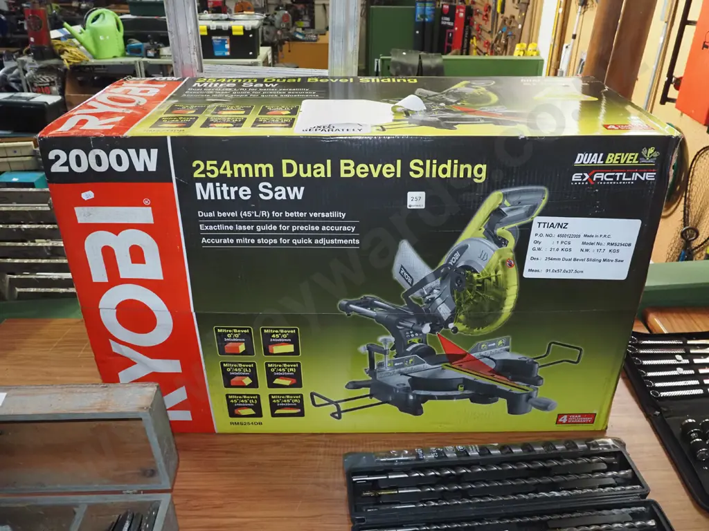 as new Ryobi 254mm dual bevelled sliding mitre saw - stand not included Image 1++