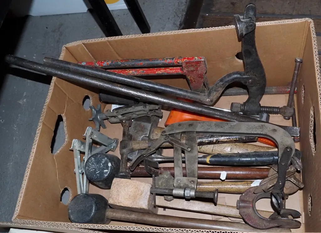 box; hammers, wrecking bars, clamps, valve spring clamp etc Image 1++