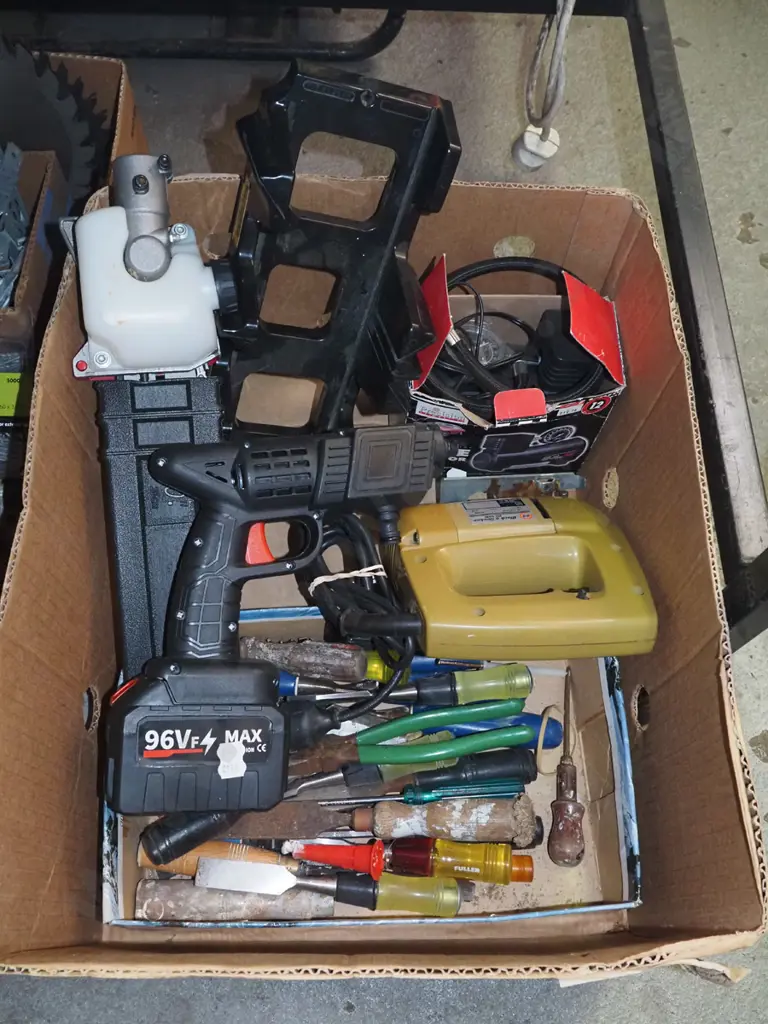 box; jigsaw, tyre inflater, chisels, battery powered inline pressure washer - no charger etc Image 1++