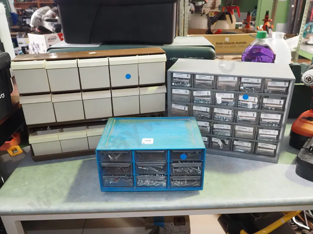 3x plastic workshop organisers and contents; screws, nails etc Image 1++