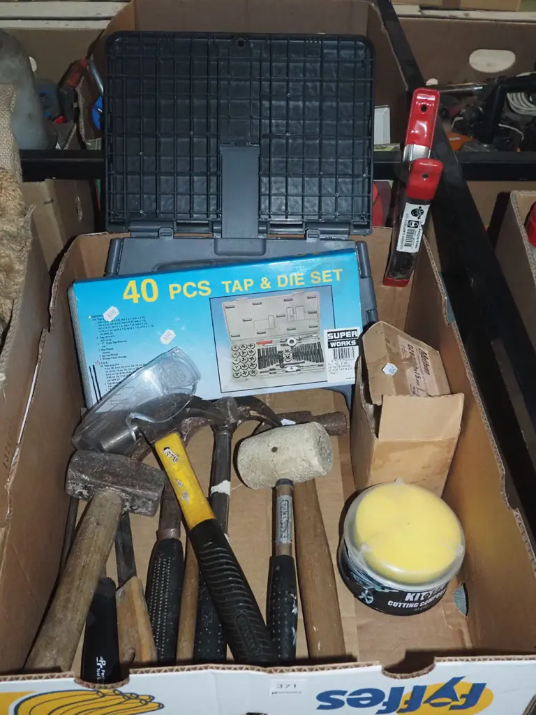 box; hammers, tap and die set, stool etc Image 1++