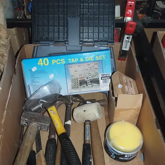 box; hammers, tap and die set, stool etc