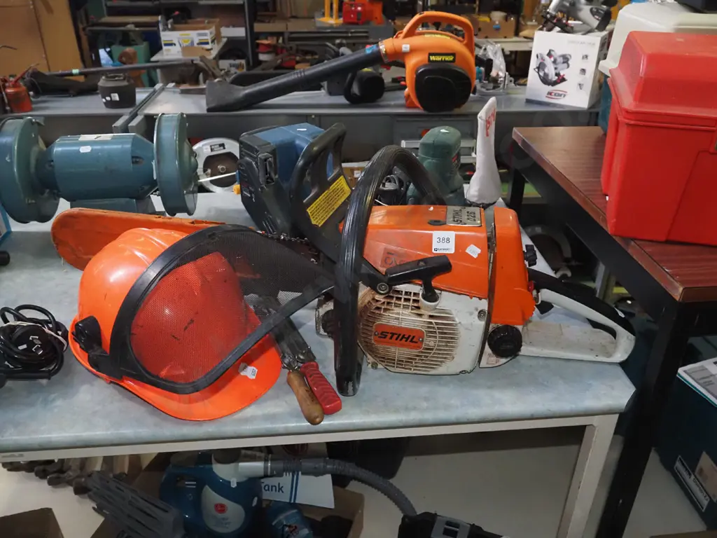 Stihl chainsaw, hard hat visor, files Image 1++