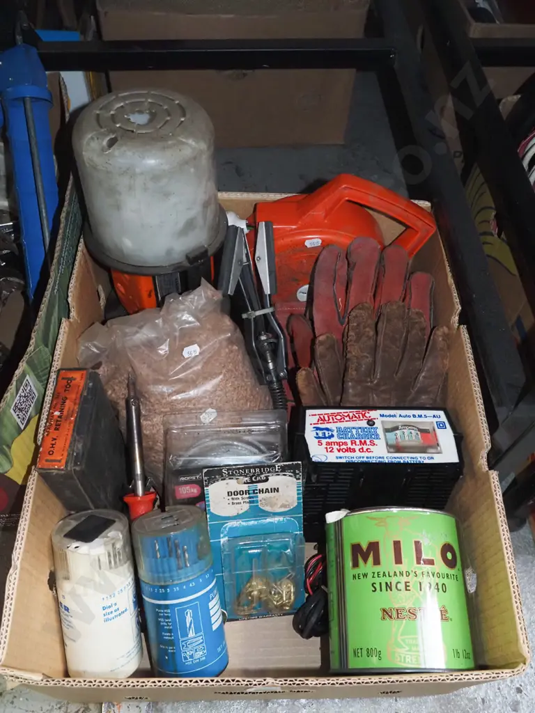 box; drill bits, gloves, extension cords, battery charger etc Image 1++