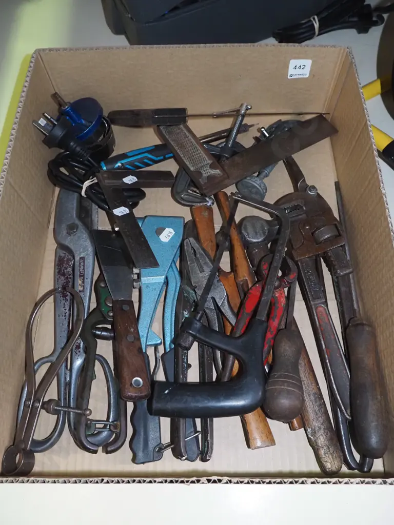 box; plumbers stilsons, builders square, tin snips etc Image 1++