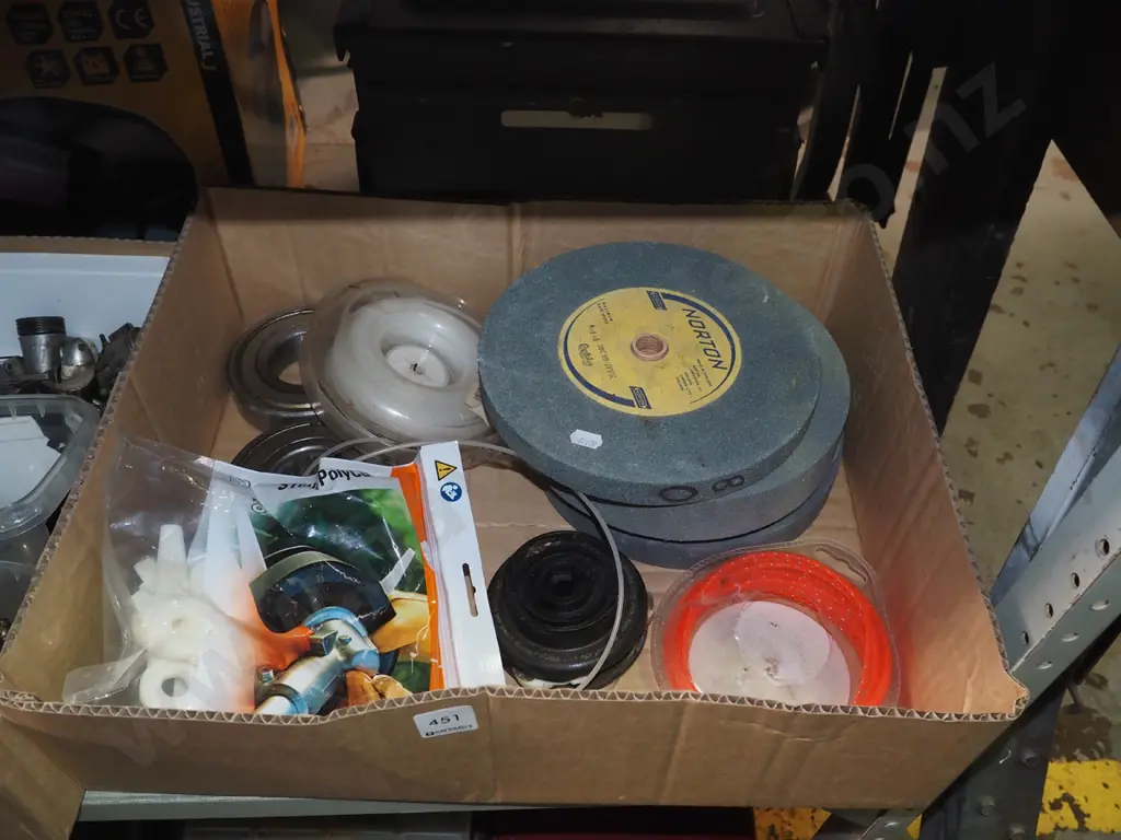 box; large ball bearings, weed eater line, sharpening stones Image 1++