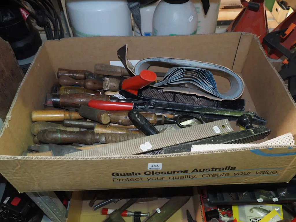 box; vintage chisels, rasps, files, belt sander belts Image 1++